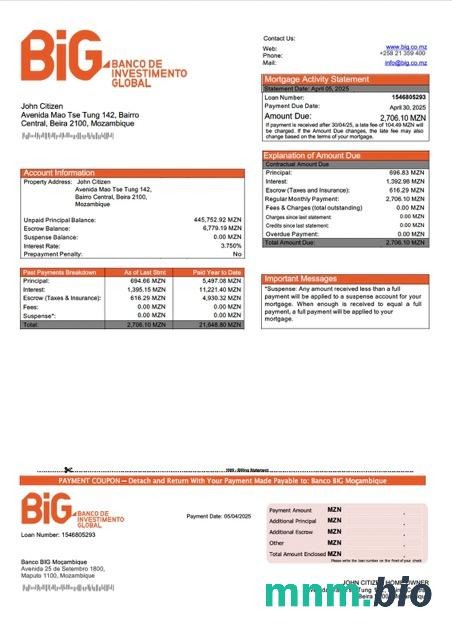 Mozambik Banco BIG Moçambique wyciąg z kredytu hipotecznego szablon Word i PDF